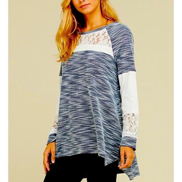 Navy Blue Marled Knit Lace Accent Tunic Sweater S-3XL - Picture 5 of 8